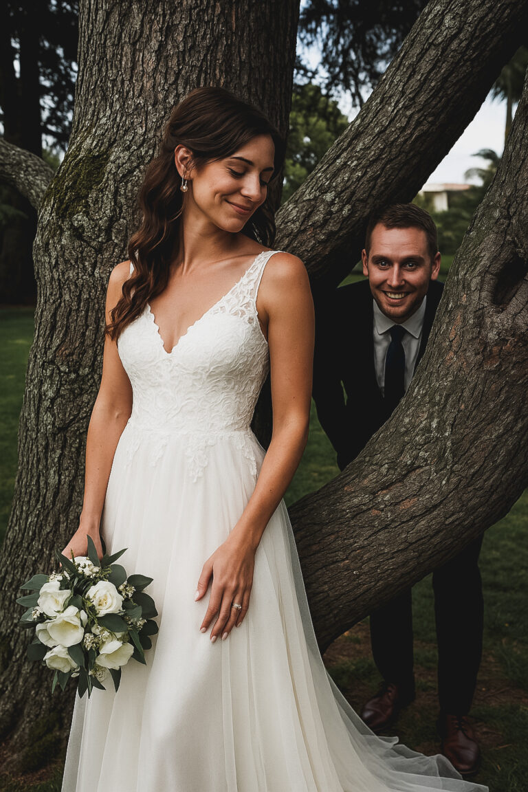 Bride and groom next to a tree.