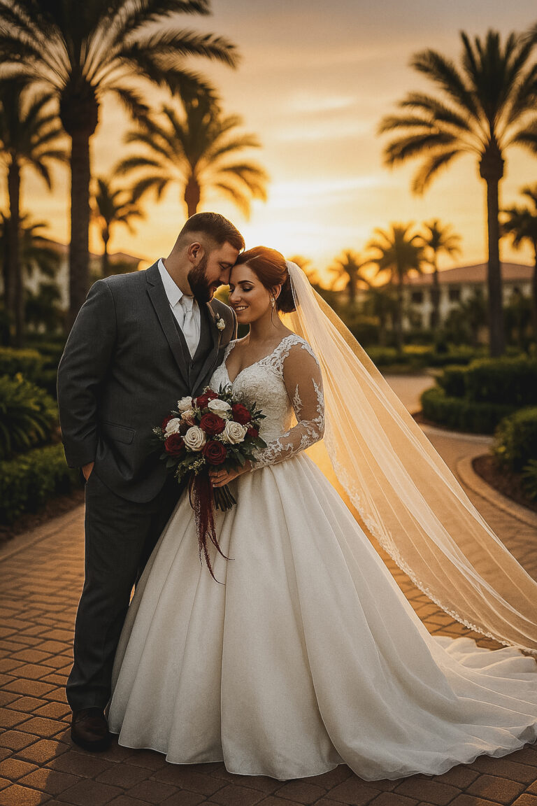 Bride and groom at sunset.