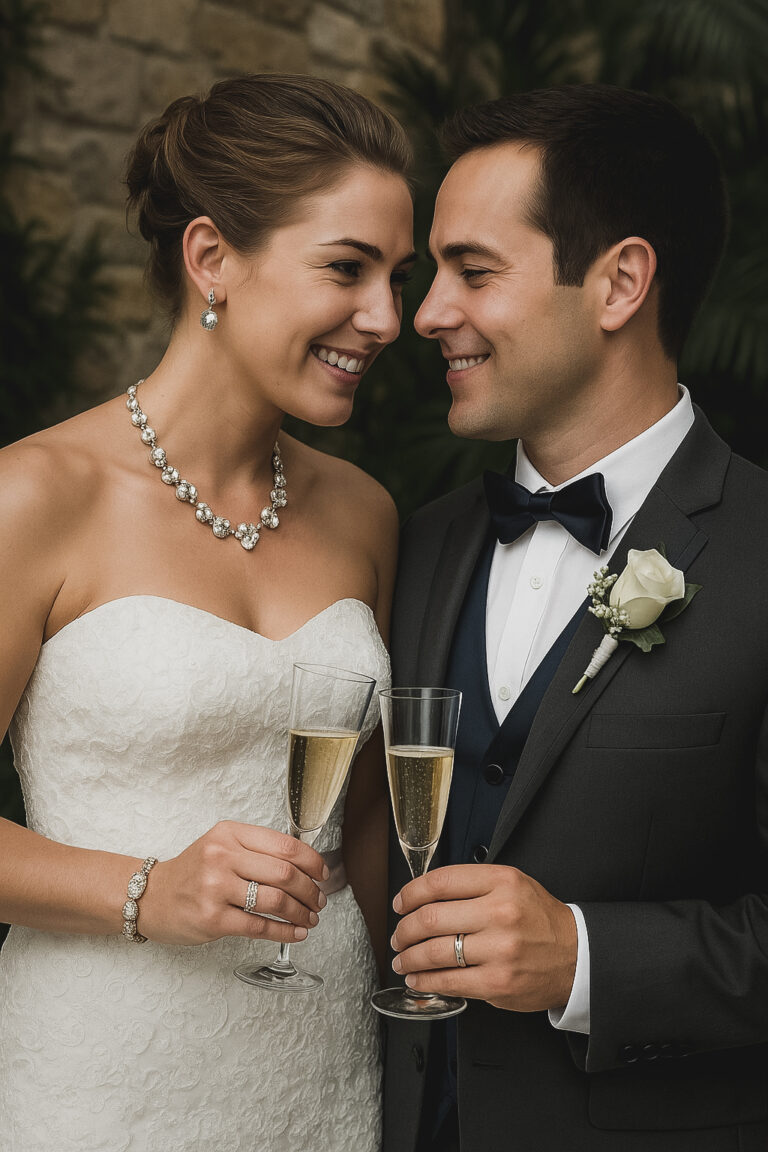 Bride and groom with wine.