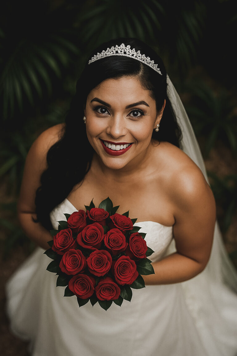 Smiling bride with roses.