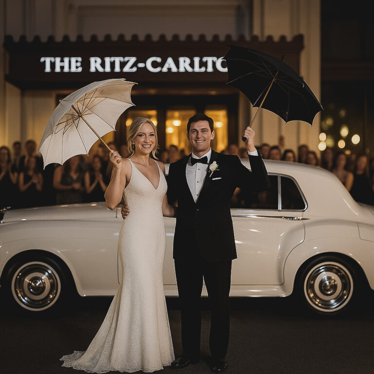 Bride and groom in front of a white car.