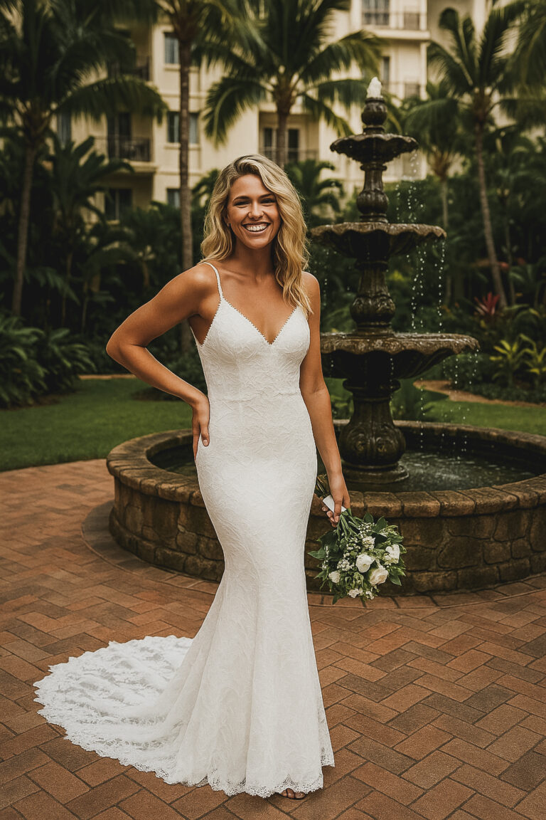 Bride next to a fountain.
