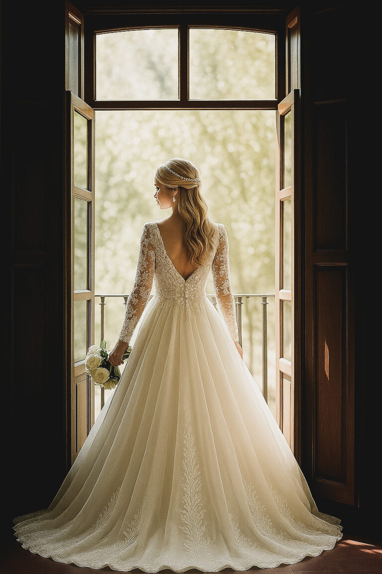 Bride looking outside.